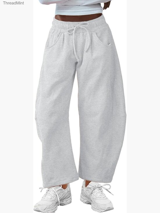 Pants - Women's Barrel Leg Sweatpants Elastic Waist Wide Leg Cotton Pockets